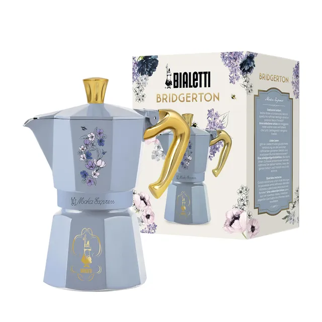 Bialetti Moka Express Bridgerton 6 tasses (270 ml) – Cafetière italienne en aluminium, motifs floraux et détails dorés Netflix, poignée antibrûlure, compatible gaz (non induction)